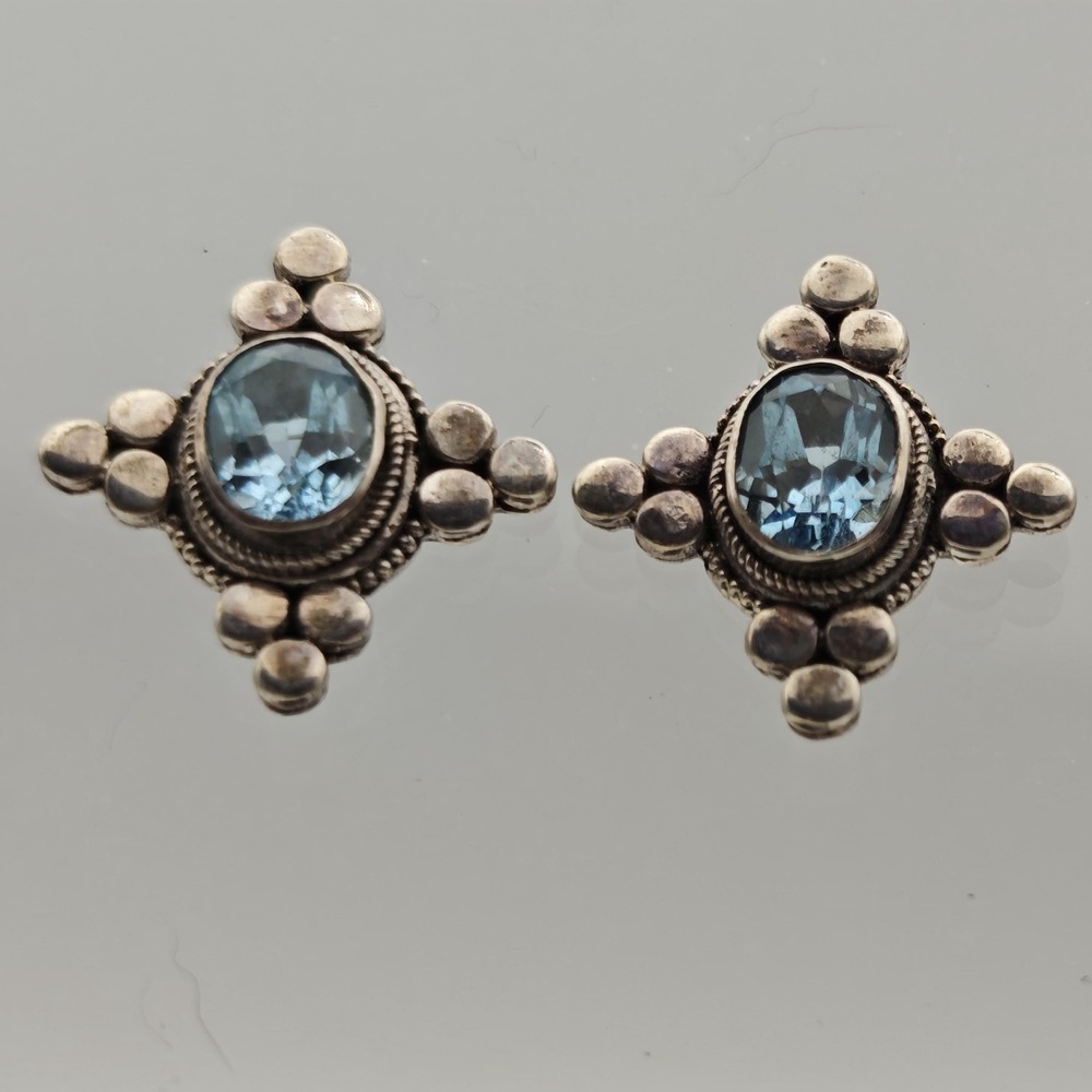 Faceted Blue Topaz Handmade Earrings Womens OS Blue Sterling Silver Boho Post